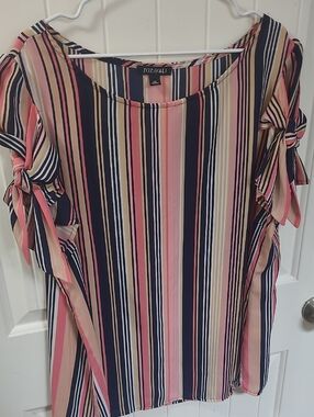 Roz & Ali Pink, Navy and Cream Vertical Stripe Tie-Sleeve Blouse 2x